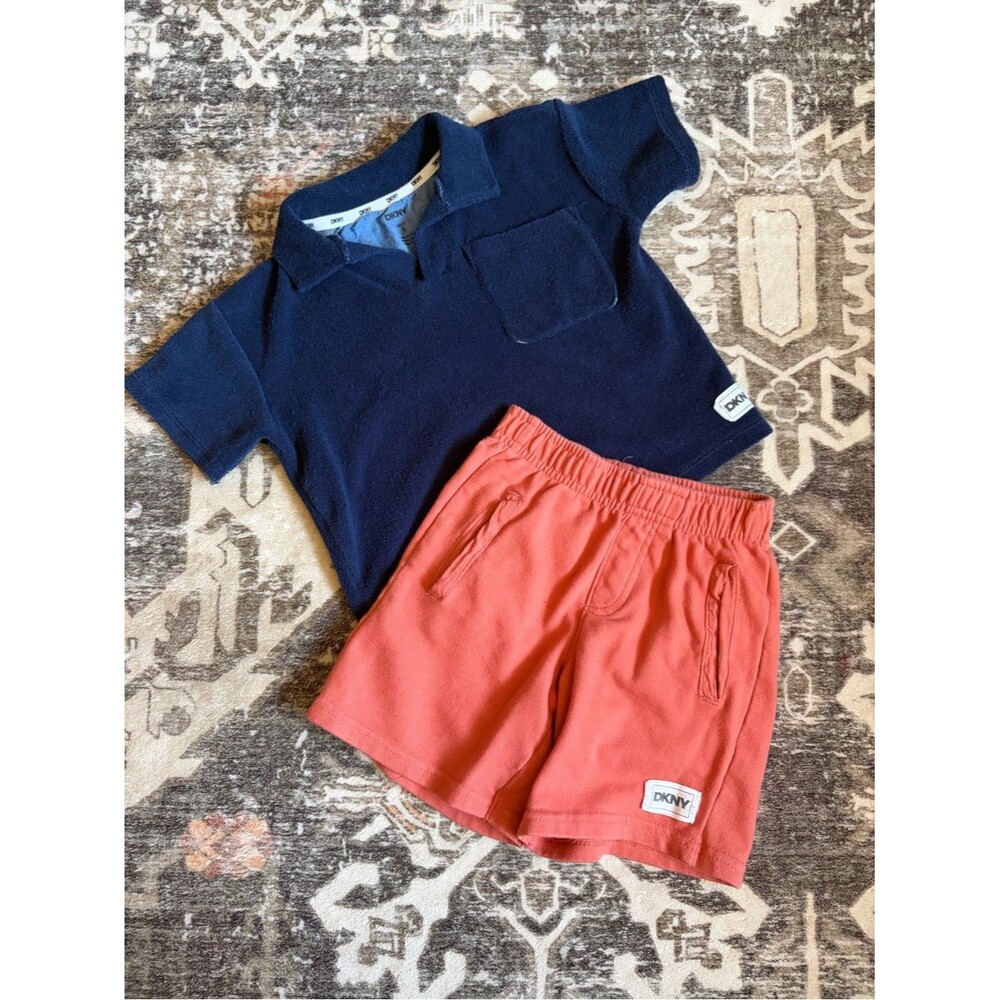 DKNY Boys Kids Blue Polo and Coral Shorts Outfit Set Comfortable Elastic Waist 5